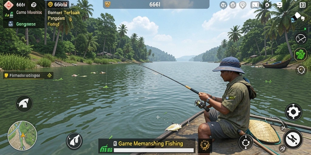 Screenshot menunjukkan pemain menangkap ikan di lokasi menawan.