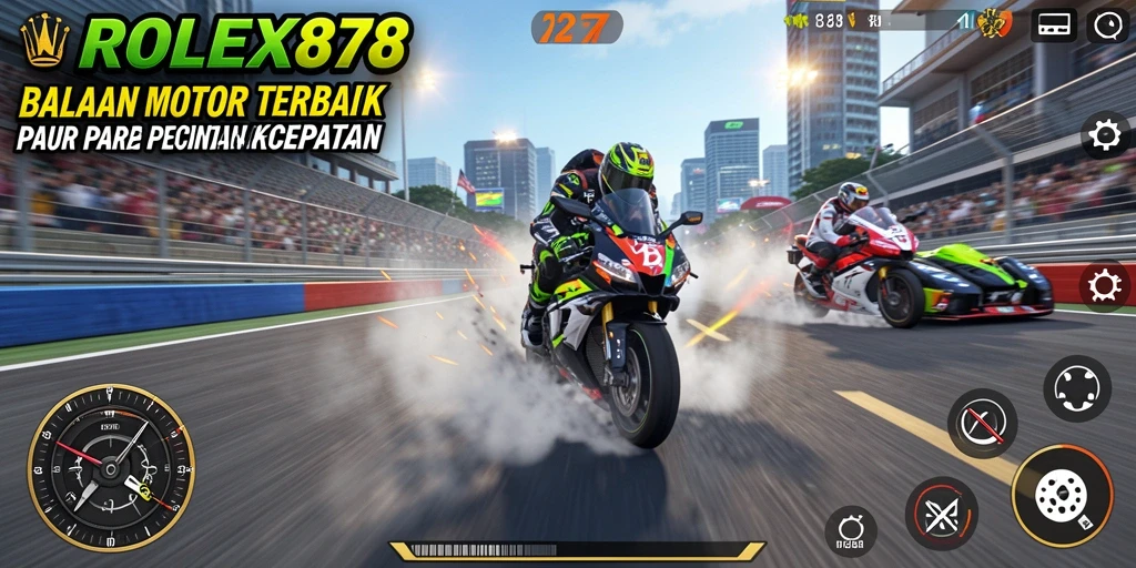 Tampilan gameplay balapan motor yang intens dan mendebarkan.